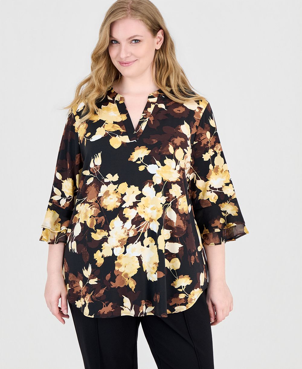 Kasper Plus Size Floral 3/4-Length Flutter Sleeves Split-Neck Tunic