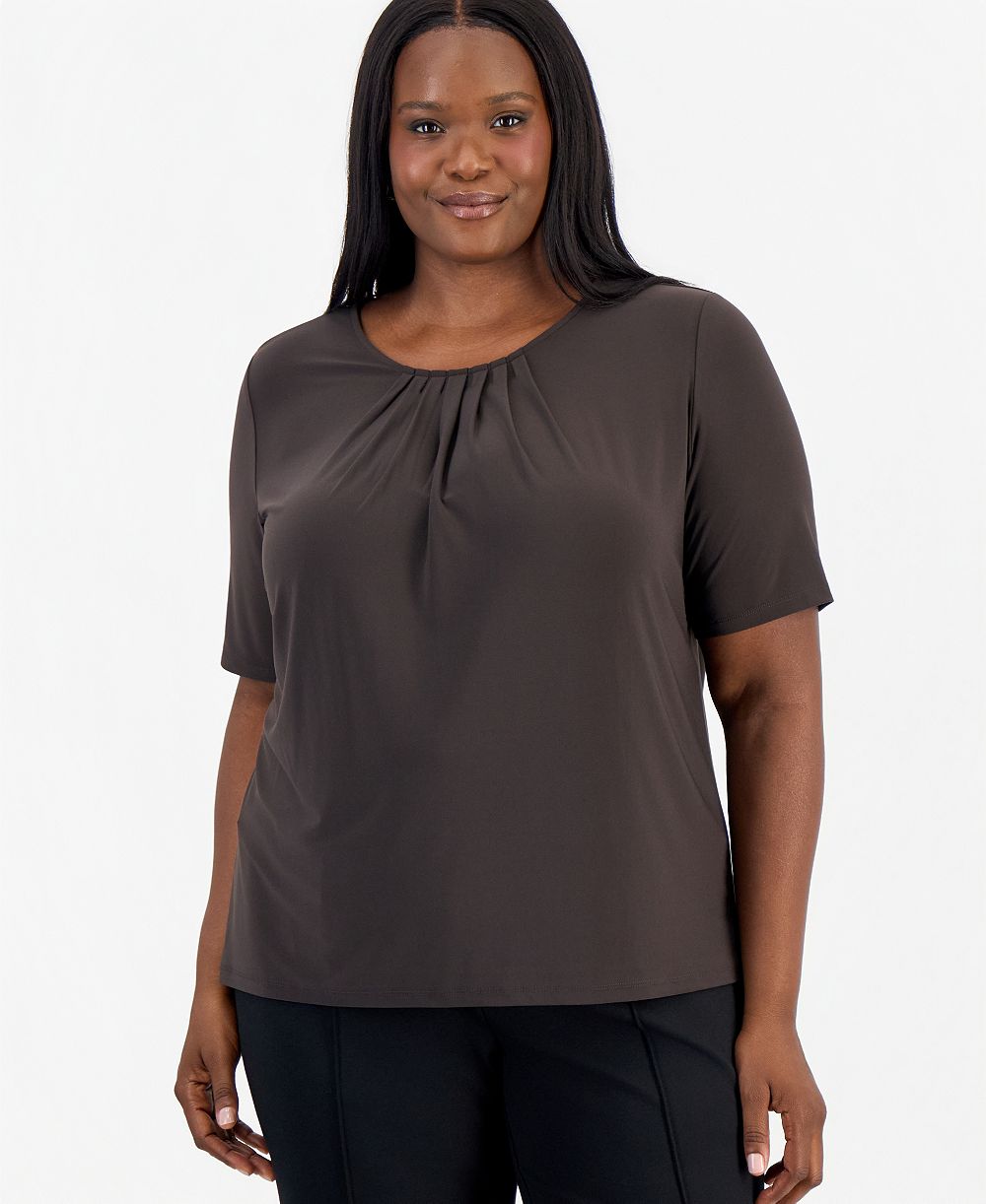Kasper Plus Size Box-Pleat Elbow-Sleeve Blouse