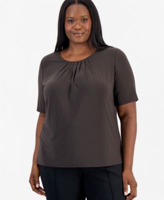 Kasper Plus Size Box-Pleat Elbow-Sleeve Blouse