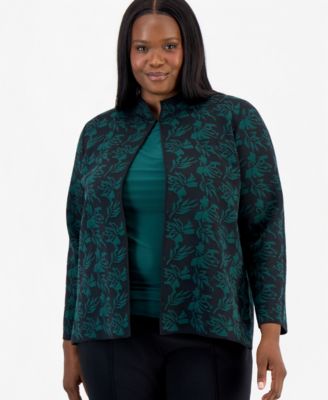 Kasper Women's Plus Size Kissing Front Cardigan Jacquard Floral Mock Neck