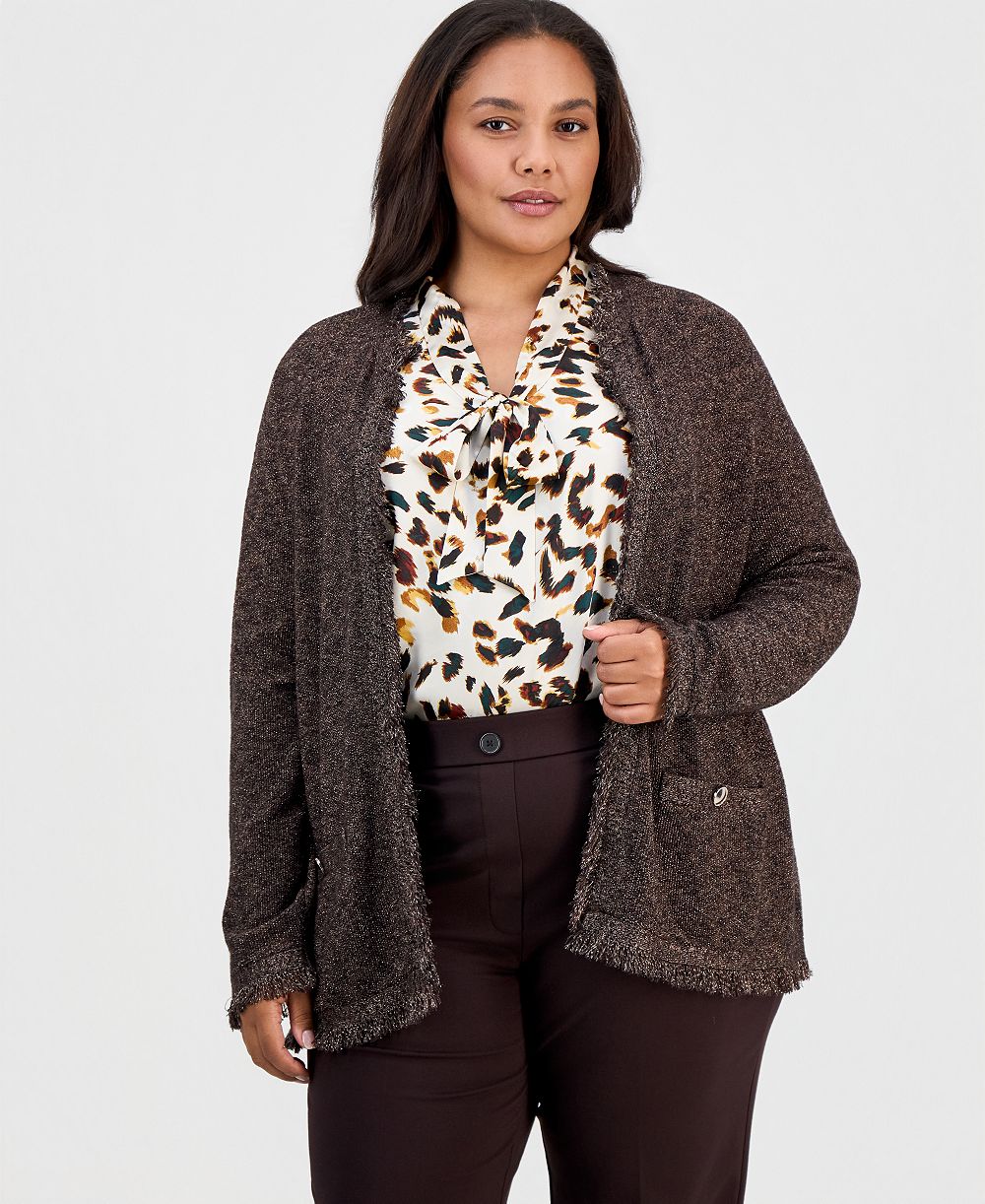 Kasper Plus Size Fringe Open-Front Fringe Cardigan