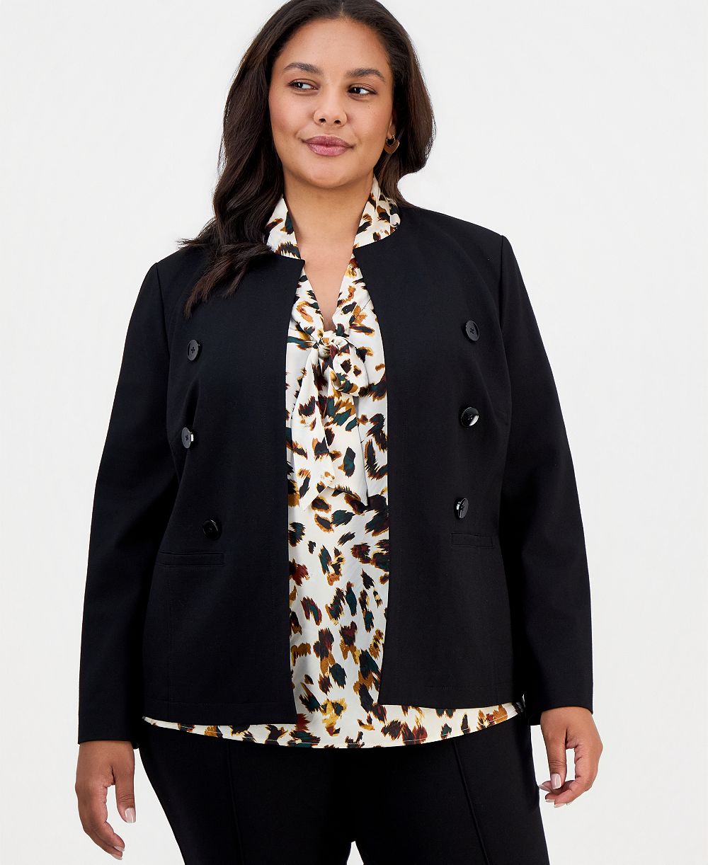 Kasper Plus Size Double-Breasted Collarless Blazer