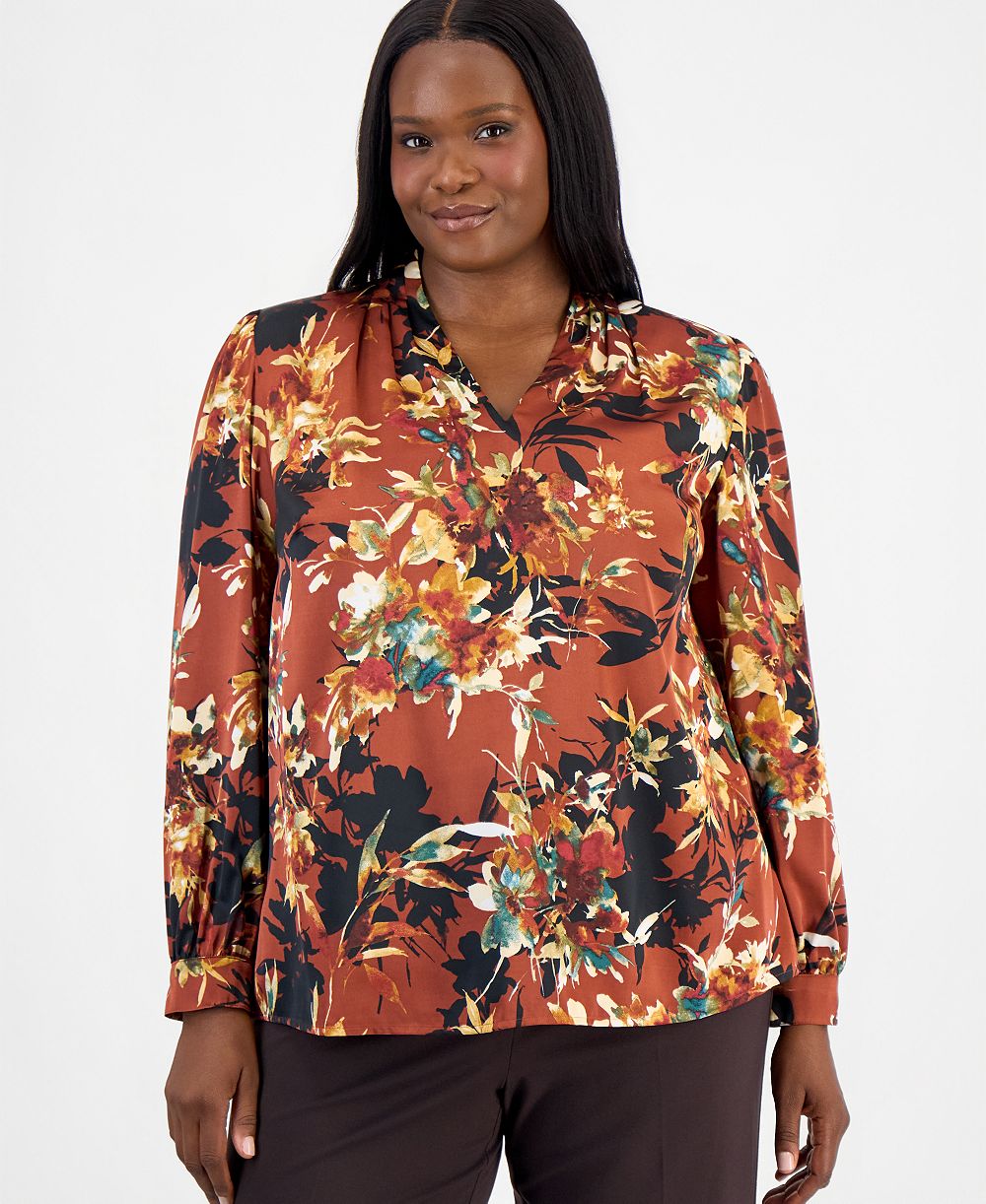 Блузка Kasper Plus Size V-Neck с плиссировкой на плечах и длинным рукавом