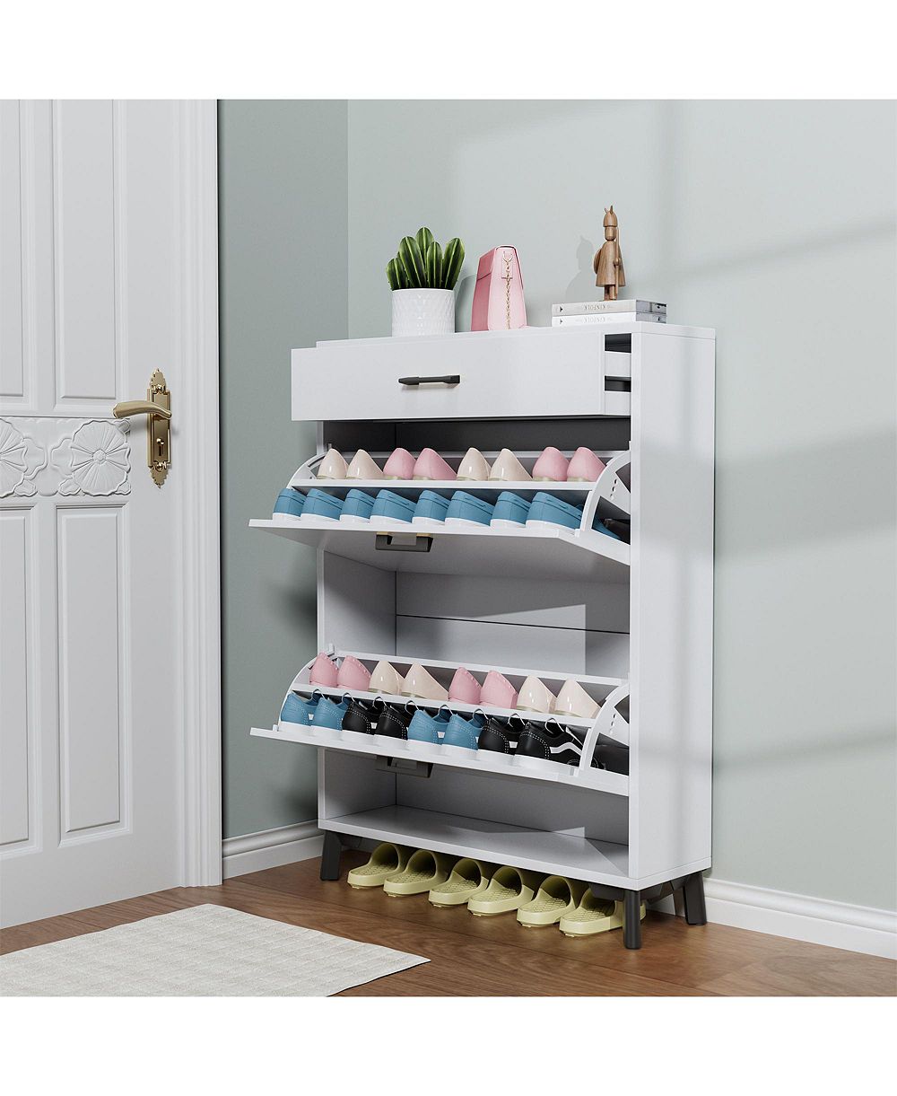 Clihome Shoe Storage Cabinet, Free Standing Shoe Organizer with 2 Flip Drawers, Hidden Shoe Rack Storage Organizer