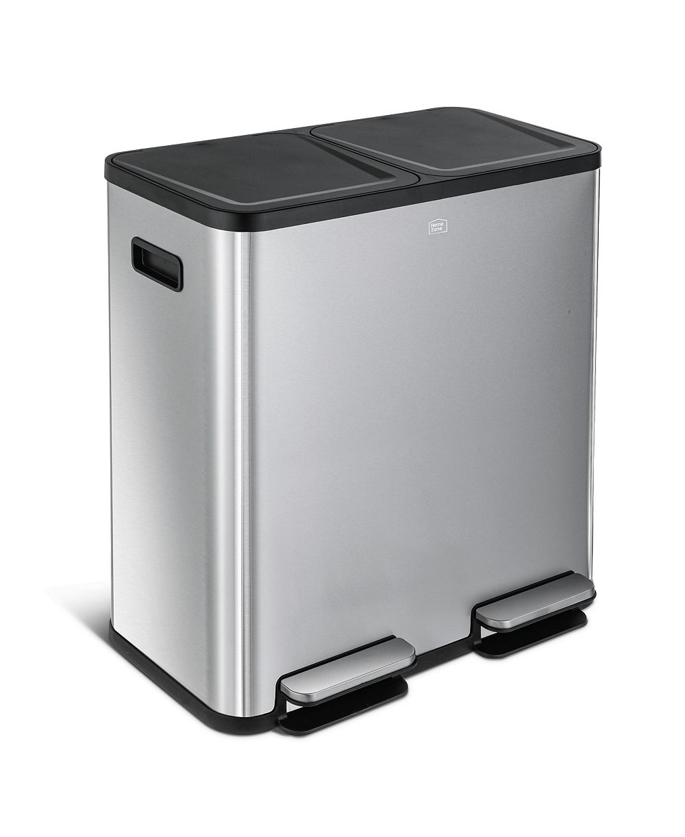 Home Zone Living 21 Gallon Dual Compartment Kitchen Trash Can with Dual Step Pedals, Soft-Close Lids and Odor Control, Stainless Steel.
