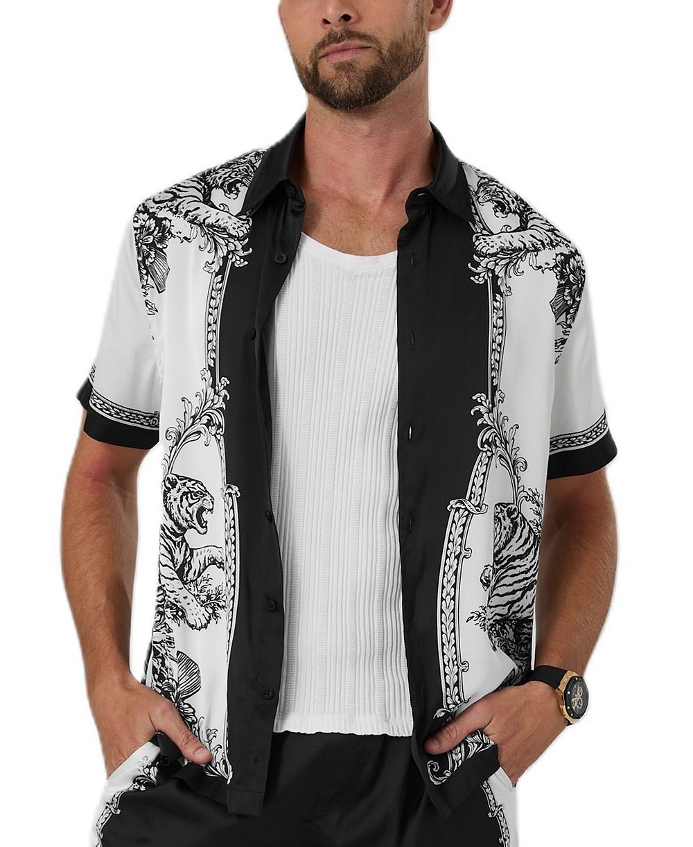 GUESS Men's Baroque Framed Tiger Short-Sleeve Button-Front Shirt