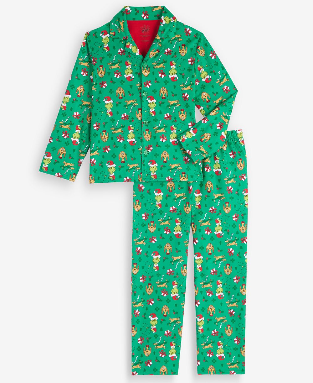 Dr. Seuss Boys' 4-20 The Grinch Long-Sleeve Flannel Button-Down Top and Pants, 2-Piece Set