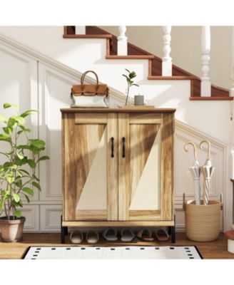 Costway 5-Tier Farmhouse Shoe Cabinet with Woven Rattan Doors, Removable Shelves for Closet