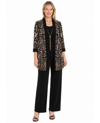 R & M Richards Women's Velvet Duster Geometric Tank, Jacket, and Pant Set