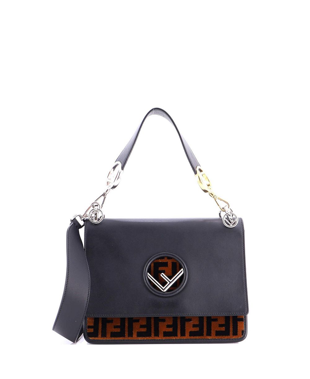 Pre-Owned Fendi Medium Kan I F Shoulder Bag Leather and Zucca Velvet
