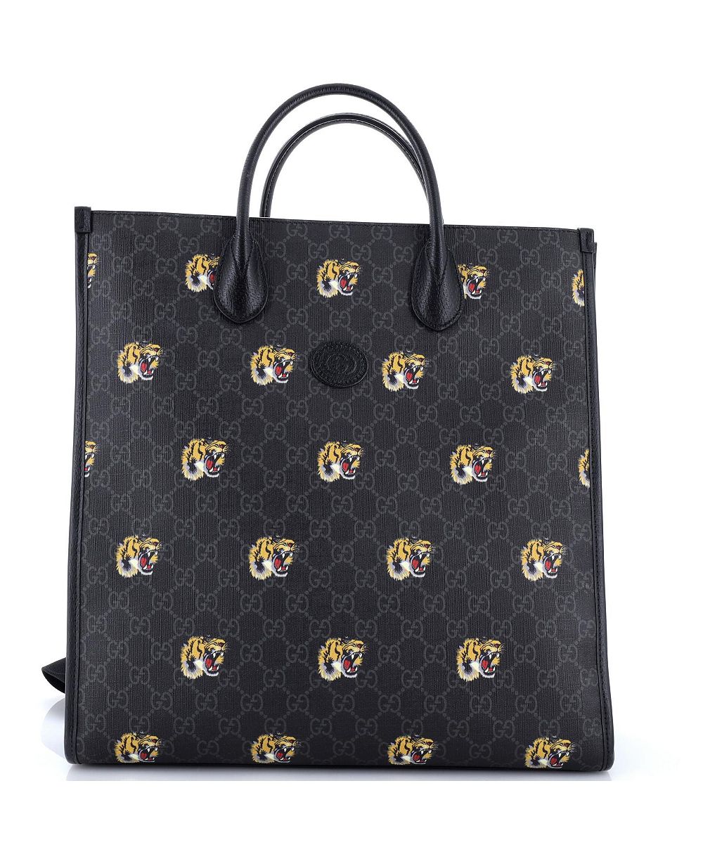 Pre-Owned Gucci Tall Interlocking G Patch Web Strap Convertible Tote Printed GG Coated Canvas