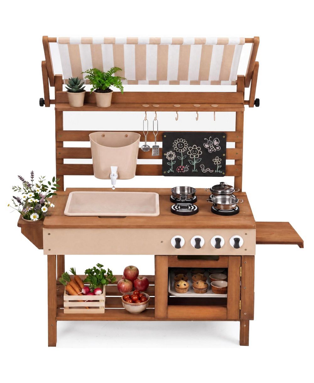 Best Choice Products детская деревянная игровая кухня с навесом, резервуаром для воды, краном и набором из 11 аксессуаров