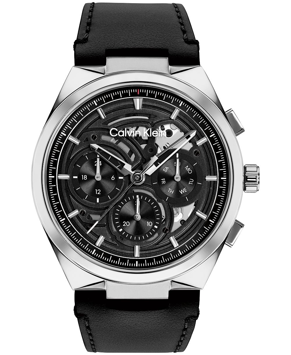 Calvin Klein Men's Distinguish Skeleton Black Leather Strap Watch 44mm