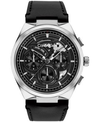 Calvin Klein Men's Distinguish Skeleton Black Leather Strap Watch 44mm