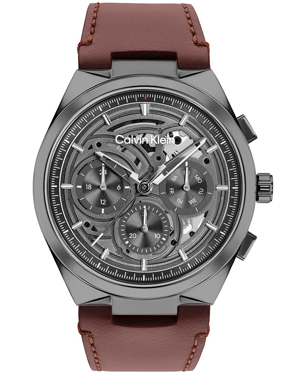 Мужские часы Calvin Klein Distinguish Skeleton Dark Brown Leather Strap 44mm