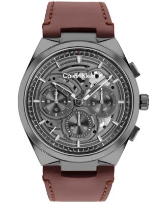 Calvin Klein Men's Distinguish Skeleton Dark Brown Leather Strap Watch 44mm
