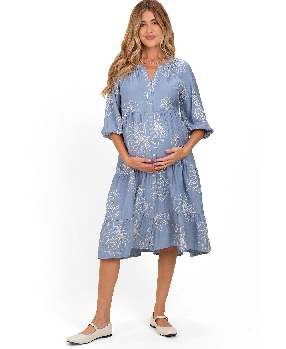 Женское платье-рубашка Pinkblush Blue Embroidered Tiered Midi