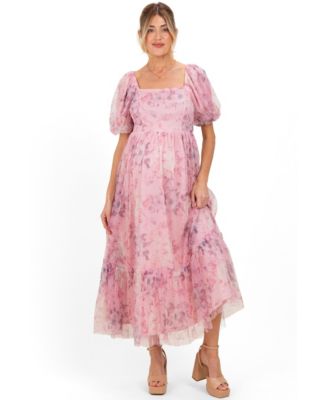 Pinkblush Women's Pink Floral Printed Tulle Puff Sleeve Midi Dress