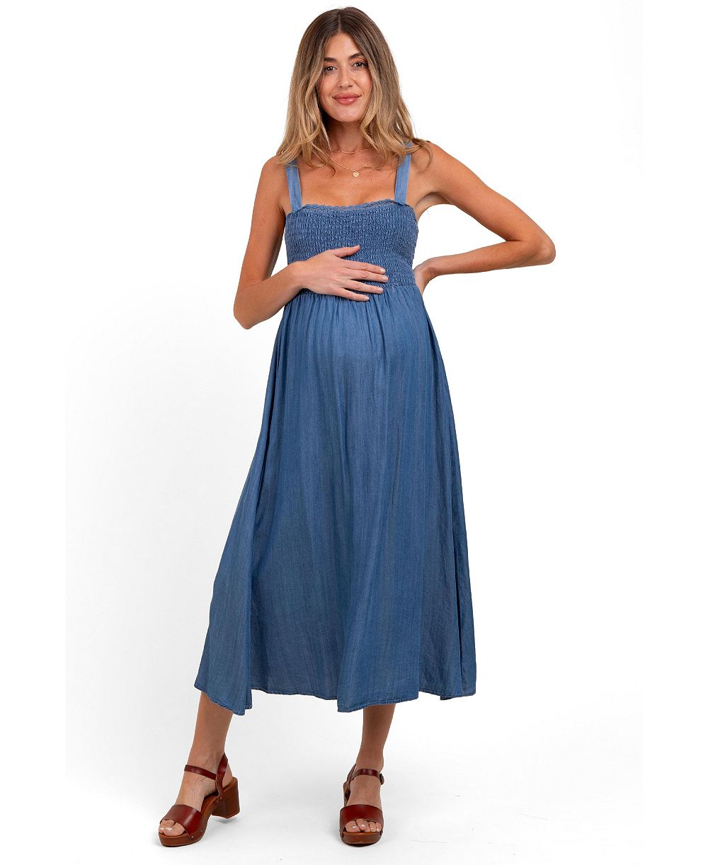 Женское миди-платье Pinkblush Blue Smocked Chambray с завязками на спинке