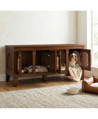Streamdale Furniture Lars Rattan and Rubber Wood 4-Door Dog Crate Cabinet Furniture