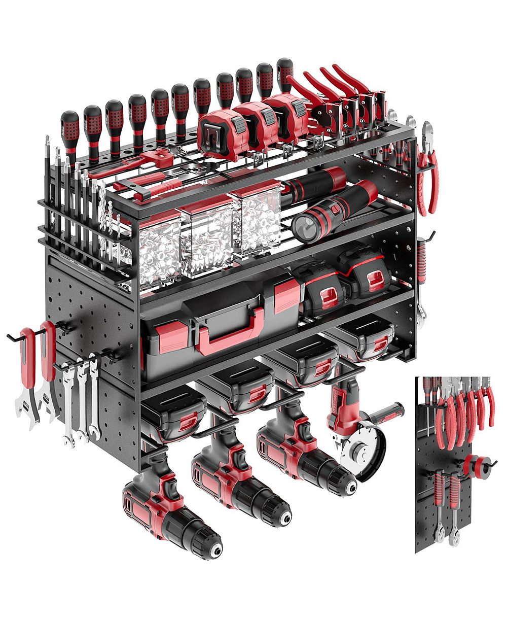 XDOVET Power Tool Organizer Wall Mount Metal Rack Cordless Holder Hooks Garage Workshop Pegboard Storage