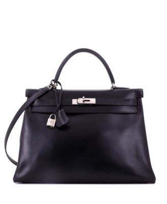 Pre-Owned Hermes Kelly 35 Handbag Black Box Calf with Palladium Hardware