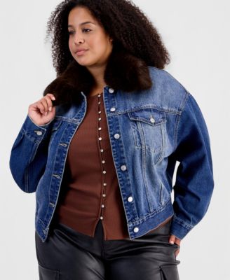 And Now This Plus Size Removable Faux-Fur Collar Denim Cropped Jacket, Macy's Exclusive