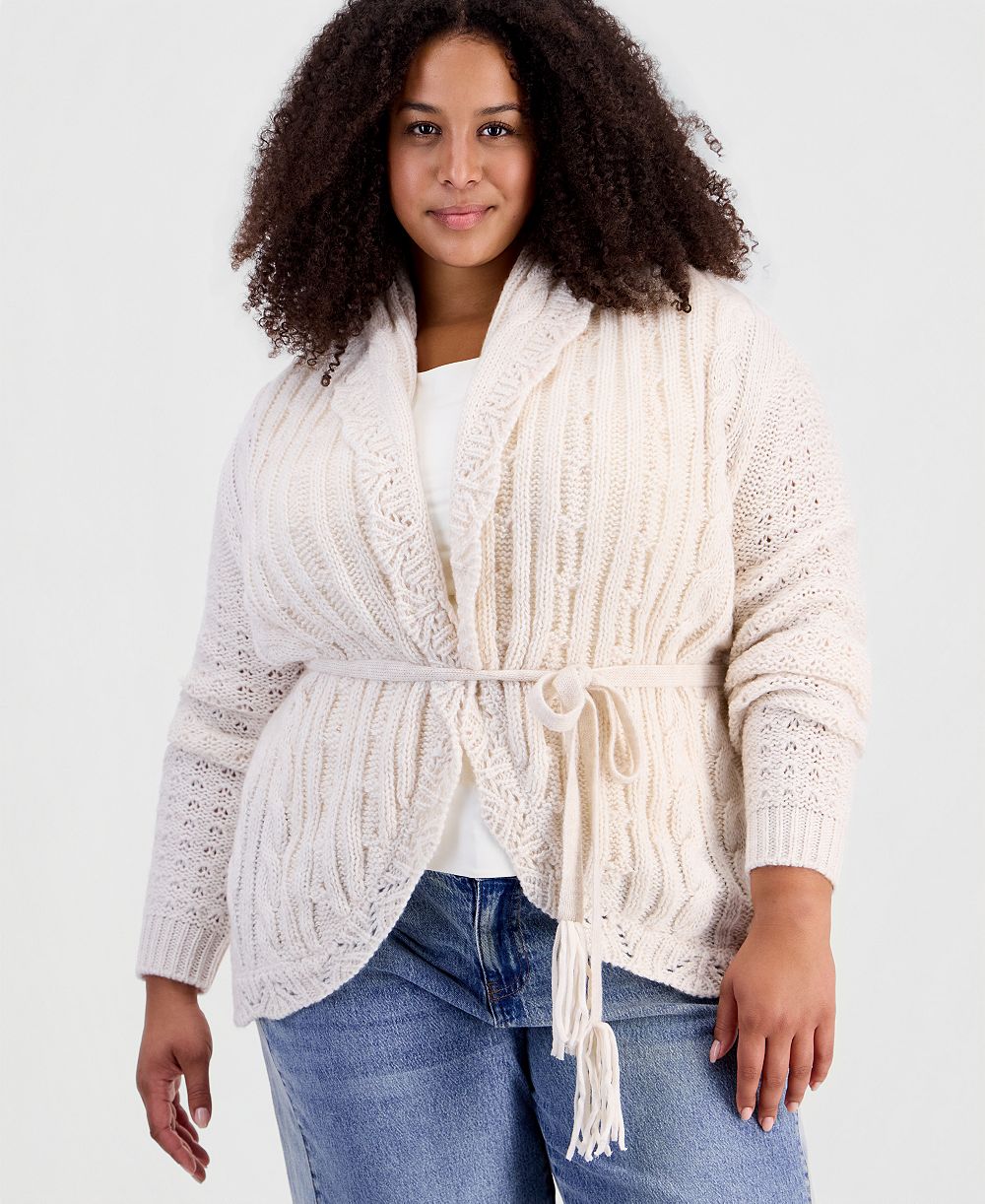 And Now This Plus size Tie Pointelle Shawl Collar Drop-Shoulder Cardigan, Macy's Exclusive