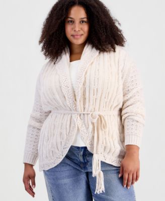 And Now This Plus size Tie Pointelle Shawl Collar Drop-Shoulder Cardigan, Macy's Exclusive