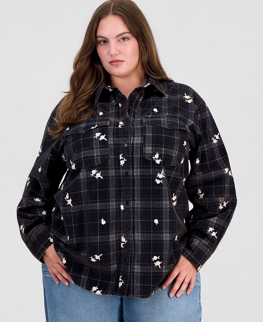 And Now This Trendy Plus Size Long-Sleeve Plaid Cord-Embroidered Blouse, Macy's Exclusive