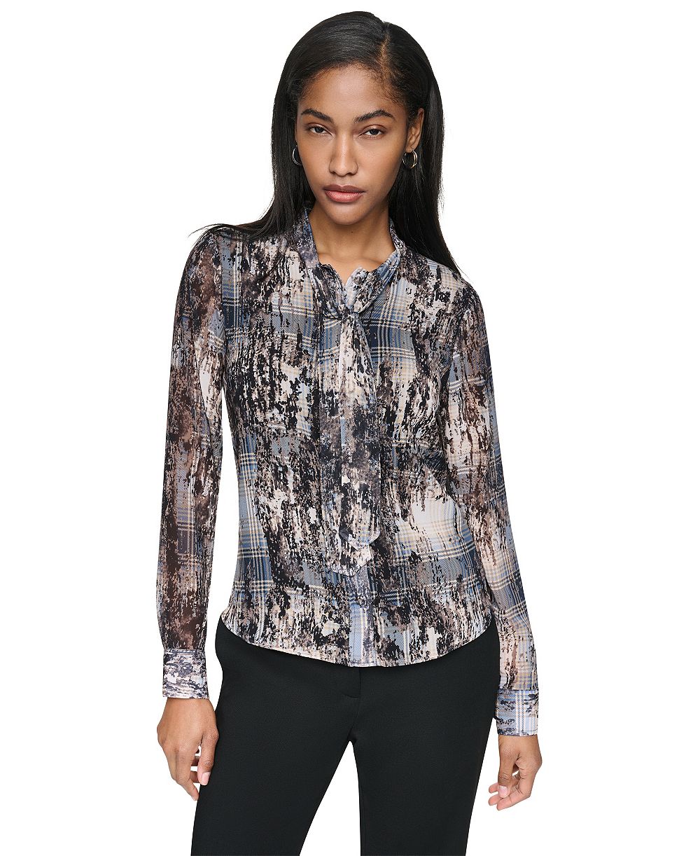 DKNY Women's Tie-Neck Long-Sleeve Crinkle Chiffon Blouse