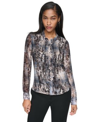 DKNY Women's Tie-Neck Long-Sleeve Crinkle Chiffon Blouse
