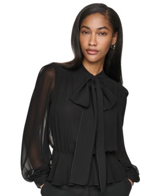 DKNY Women's Tie Neck Peplum Long-Sleeve Blouse