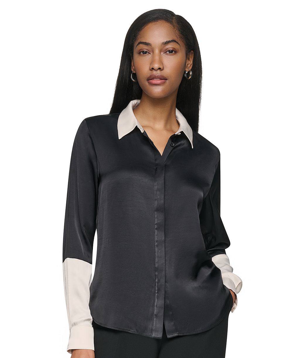 DKNY Women's Park Satin Colorblock Long-Sleeve Blouse
