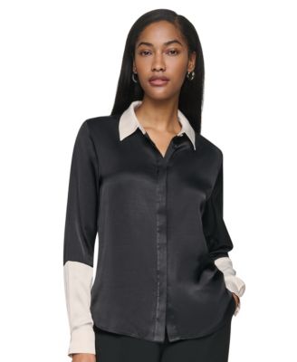 DKNY Women's Park Satin Colorblock Long-Sleeve Blouse