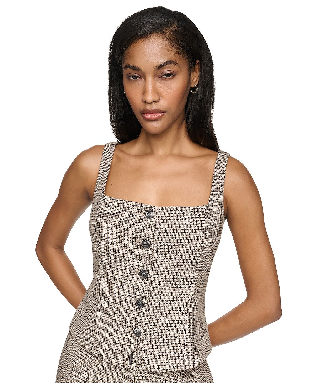 DKNY Women's Embellished Houndstooth Square Neck Vest