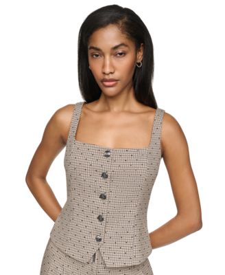 DKNY Women's Embellished Houndstooth Square Neck Vest