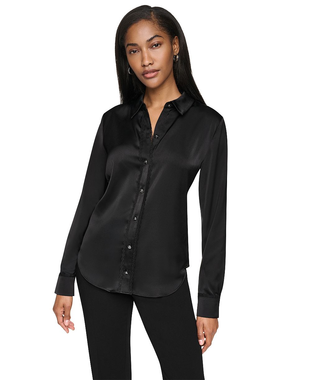 Женская блузка DKNY Long-Sleeve Lace-Trim Point-Collar