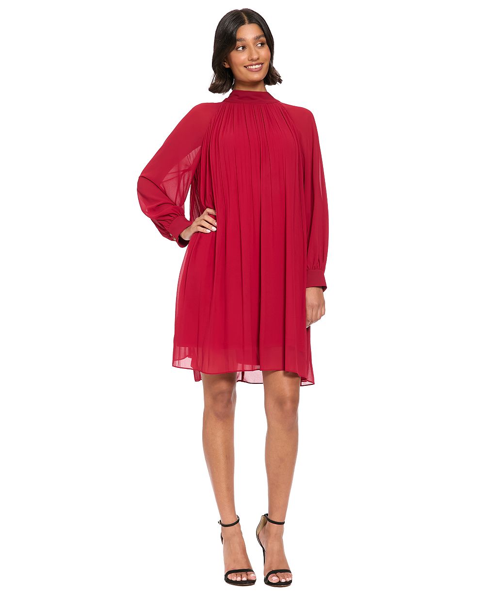 Женское миди-платье London Times Petite Pleated Shift Long-Sleeve Mock-Neck