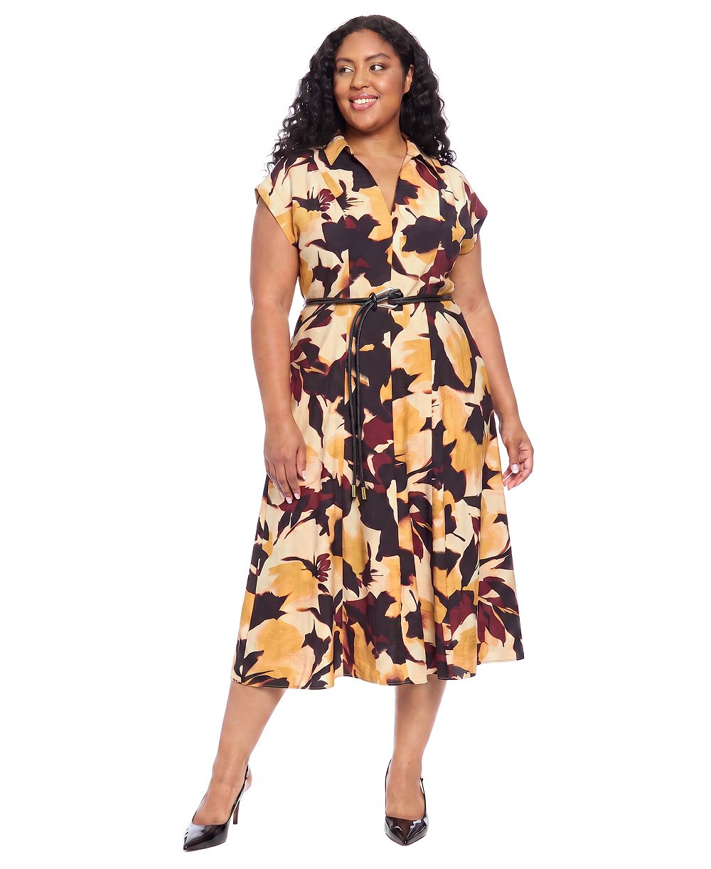 Платье-рубашка London Times Plus Size Belted Collared Midi Floral