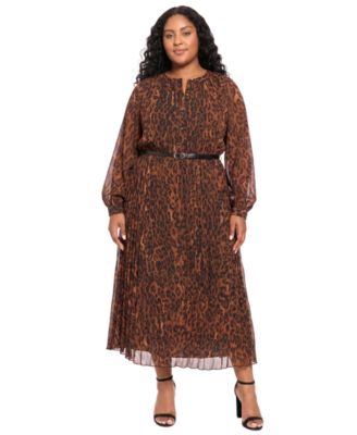 London Times Plus Size Pleated Skirt Belted Mid Animal-Print Chiffon Dress