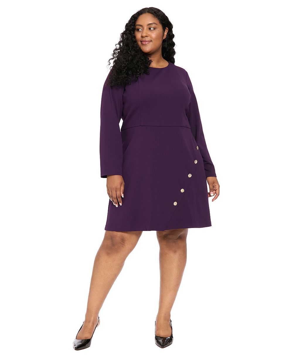 Женское платье London Times Plus Size Crewneck Long-Sleeve Button-Trim Sheath