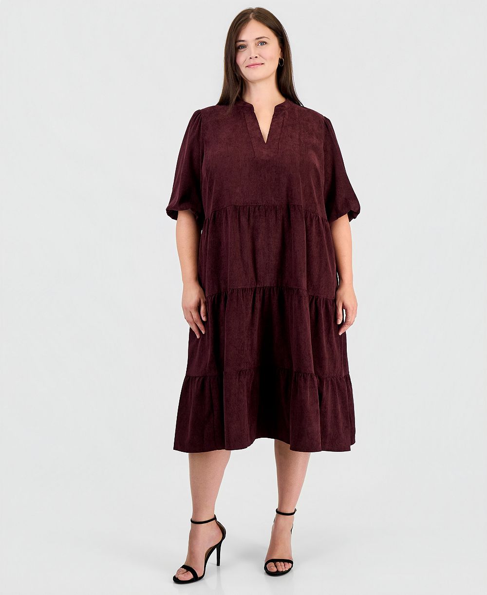 Robbie Bee Plus Size Corduroy Puff-Sleeve Tiered Dress