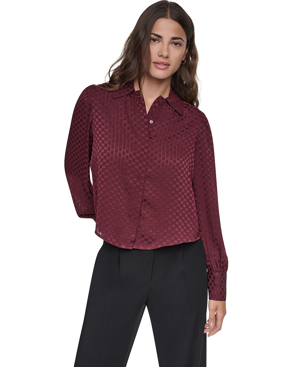 DKNY Petite  Long-Sleeve Puff-Sleeve Button-Front Blouse