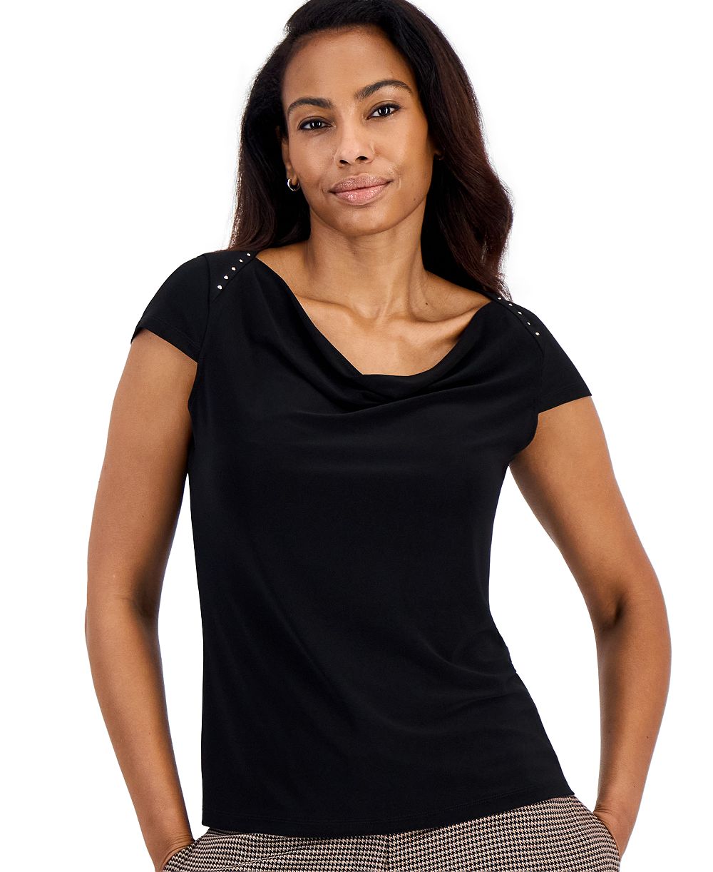 Kasper Women's Cowl Neck Cap Sleeve Shoulder Yoke Blouse