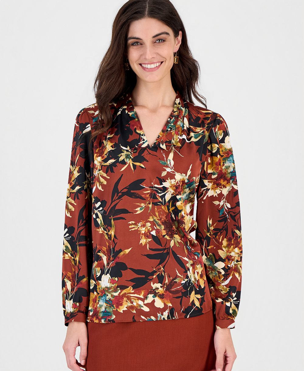 Kasper Women's Long Sleeve Printed Floral Satin V-Neck Blouse