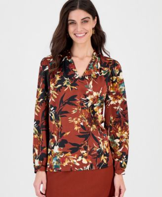 Kasper Women's Long Sleeve Printed Floral Satin V-Neck Blouse