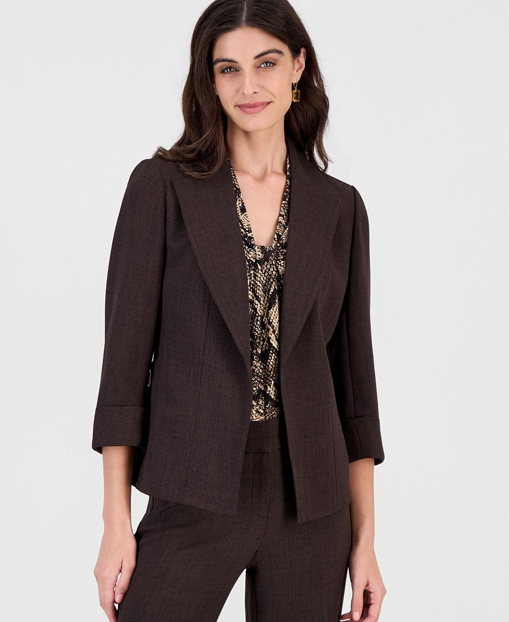 Kasper Women's 3/4 Sleeve Pebble Crepe Open Front Jacket with Zipper Pockets
