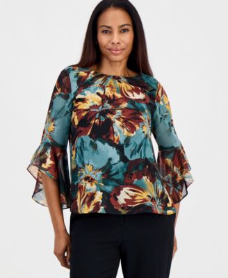 Kasper Women's Floral Chiffon 3/4-Sleeve Ruffled Blouse