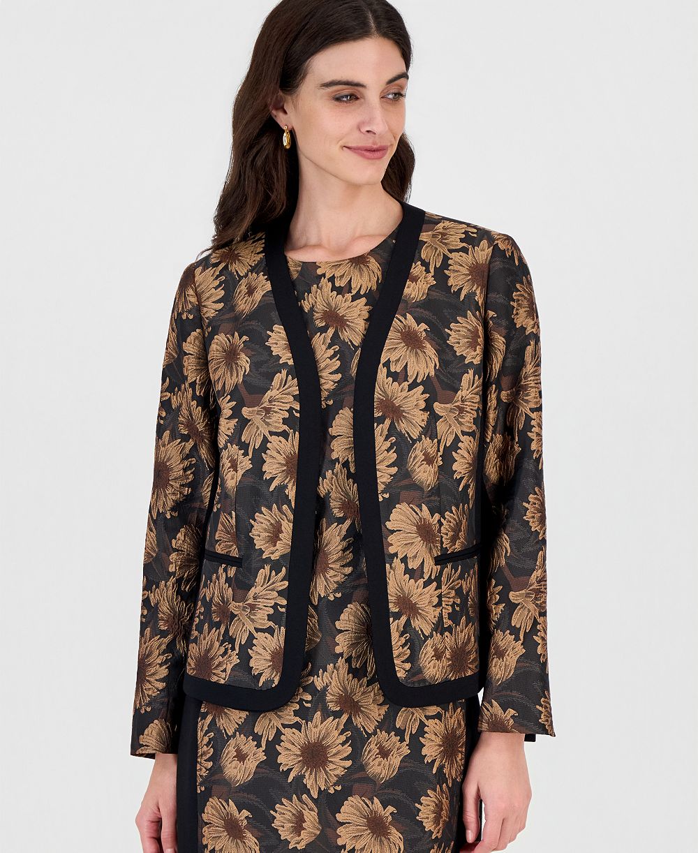 Kasper Women's Collarless Shoulder-Padded Floral Cardigan